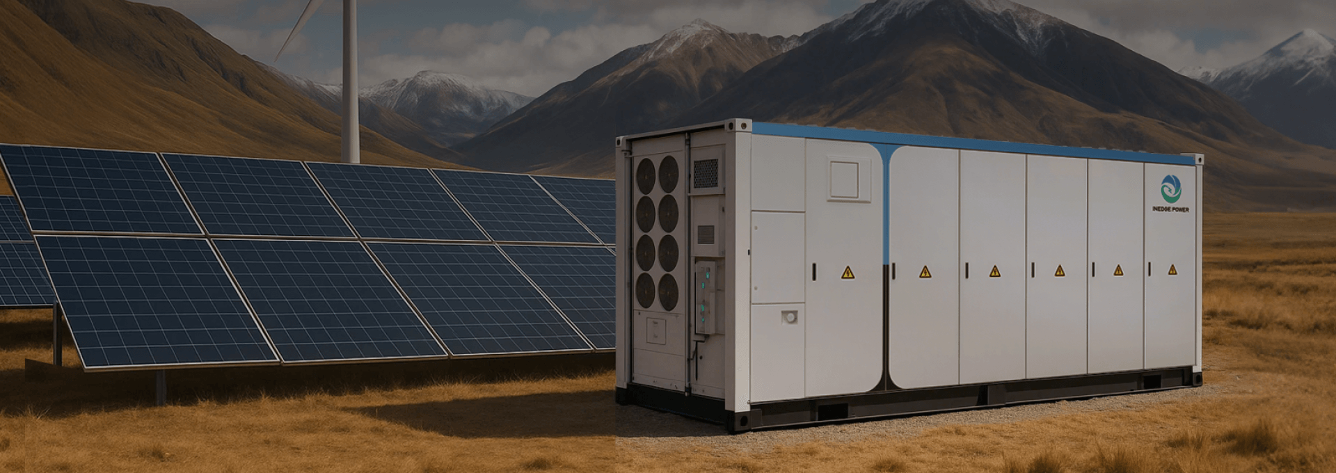 Utility-scale energy storage beside solar panels and mountains